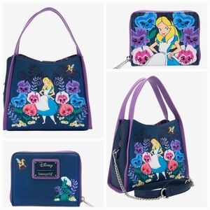 NWT Loungefly Disney Alice Navy and Lavender Shoulder Bag With Small ID Pouch